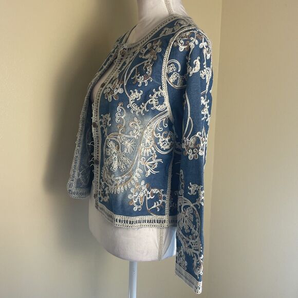 Indigo & Lace Boho Embroidered Denim Jacket Sz M Romantic Crochet Cottage Folksy - Picture 6 of 11